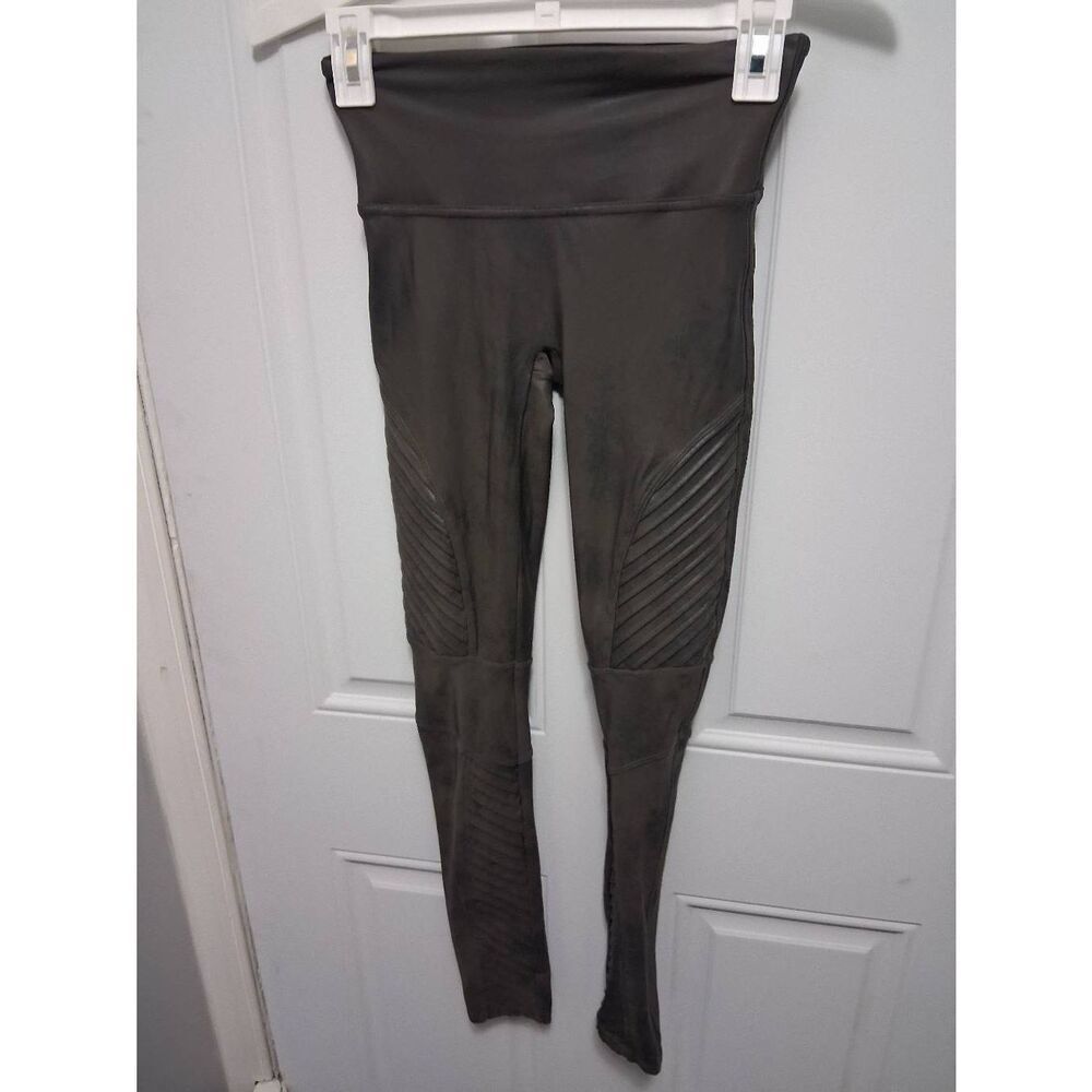 Spanx Shiny green/gray faux leather moto style stretch shape wear petite/small